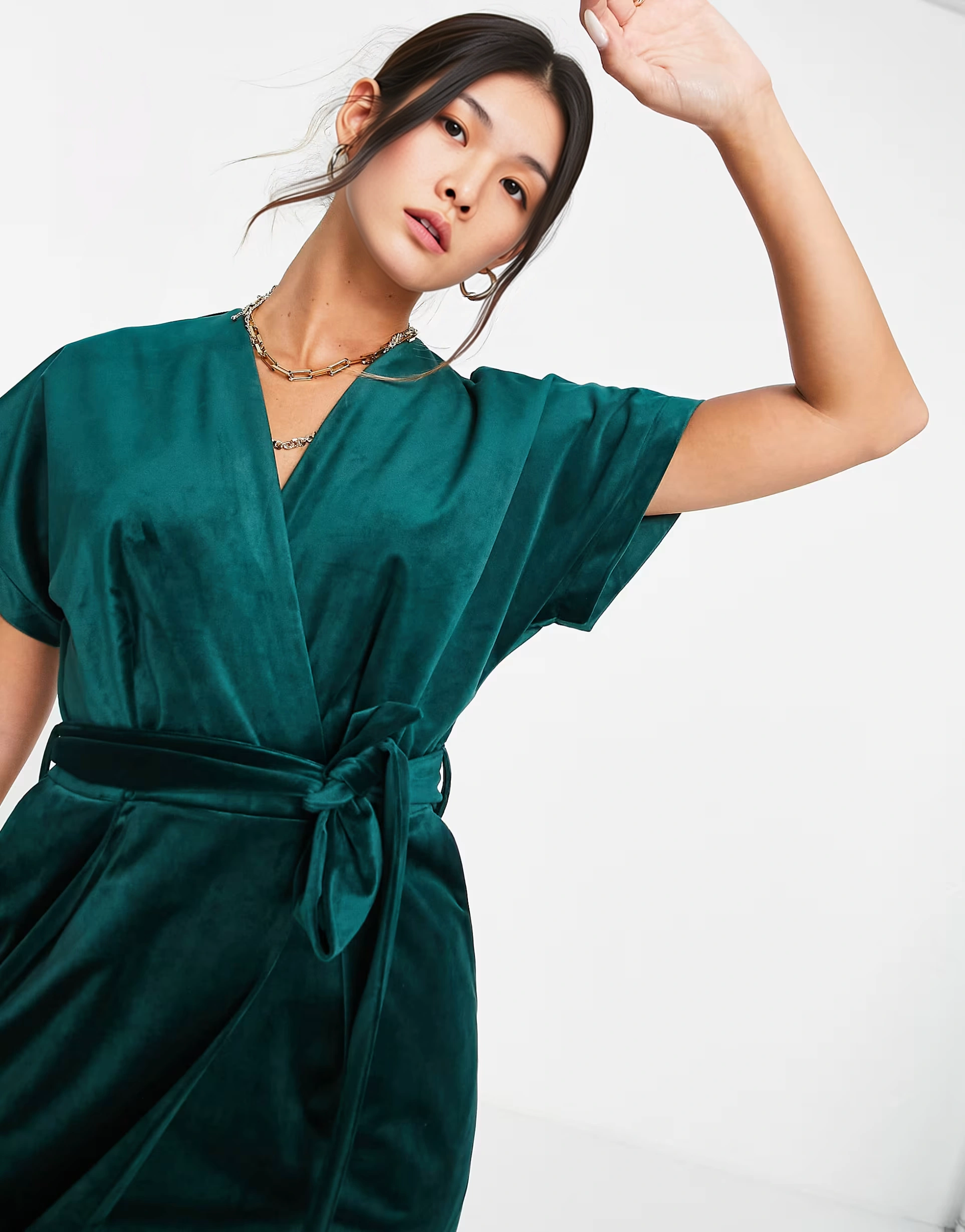 Womens Closet London Kimono Sleeve Velvet Midi Dress With Wrap Tie In Emerald Green