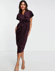 Closet London Womens Kimono Sleeve Velvet Midi Dress With Wrap Tie in Plum