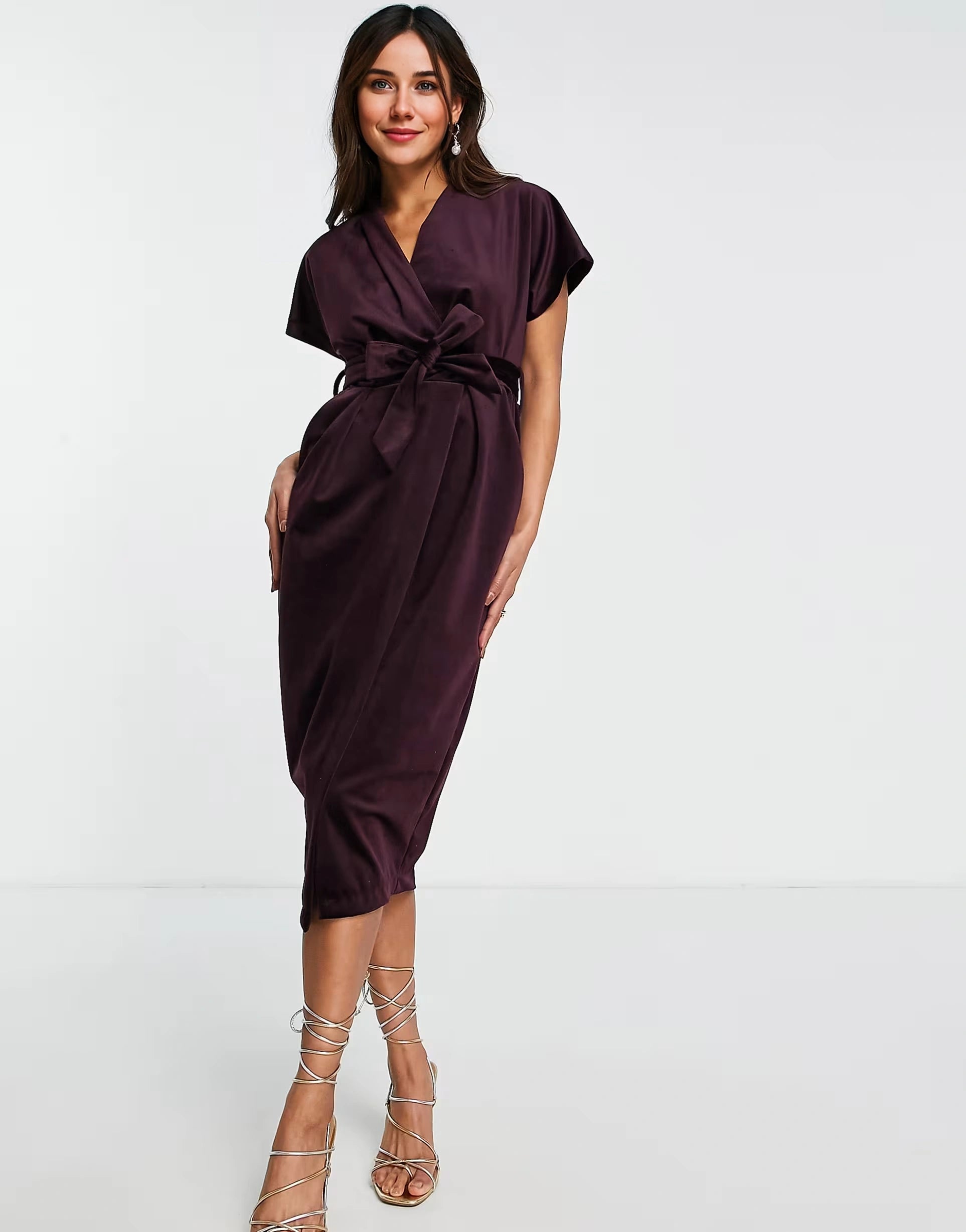 Closet London Womens Kimono Sleeve Velvet Midi Dress With Wrap Tie in Plum