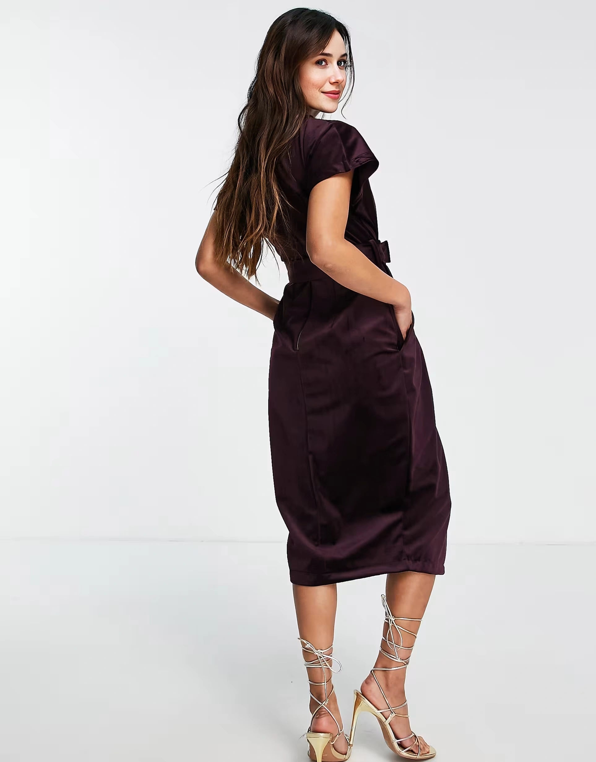 Closet London Womens Kimono Sleeve Velvet Midi Dress With Wrap Tie in Plum