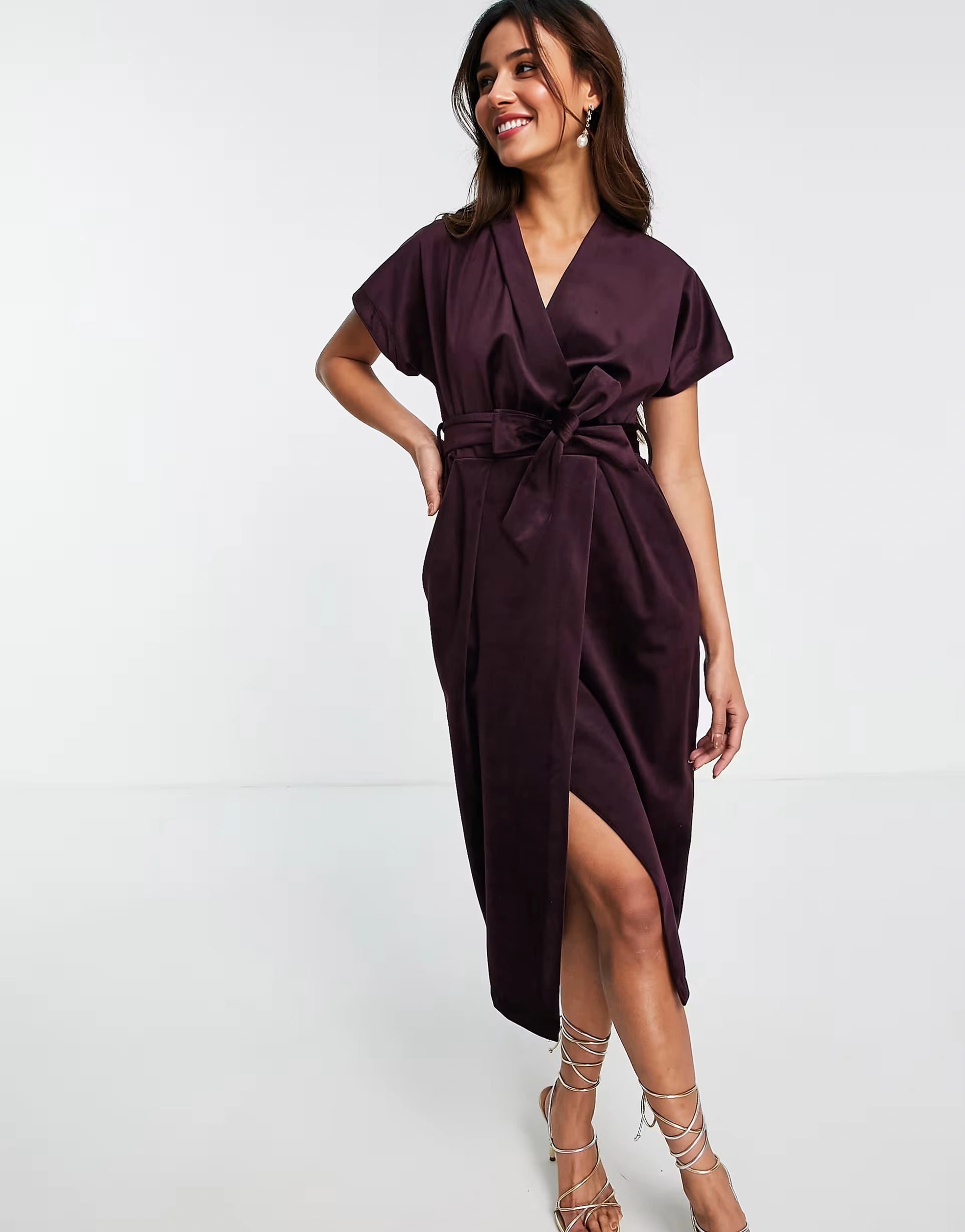 Closet London Womens Kimono Sleeve Velvet Midi Dress With Wrap Tie in Plum
