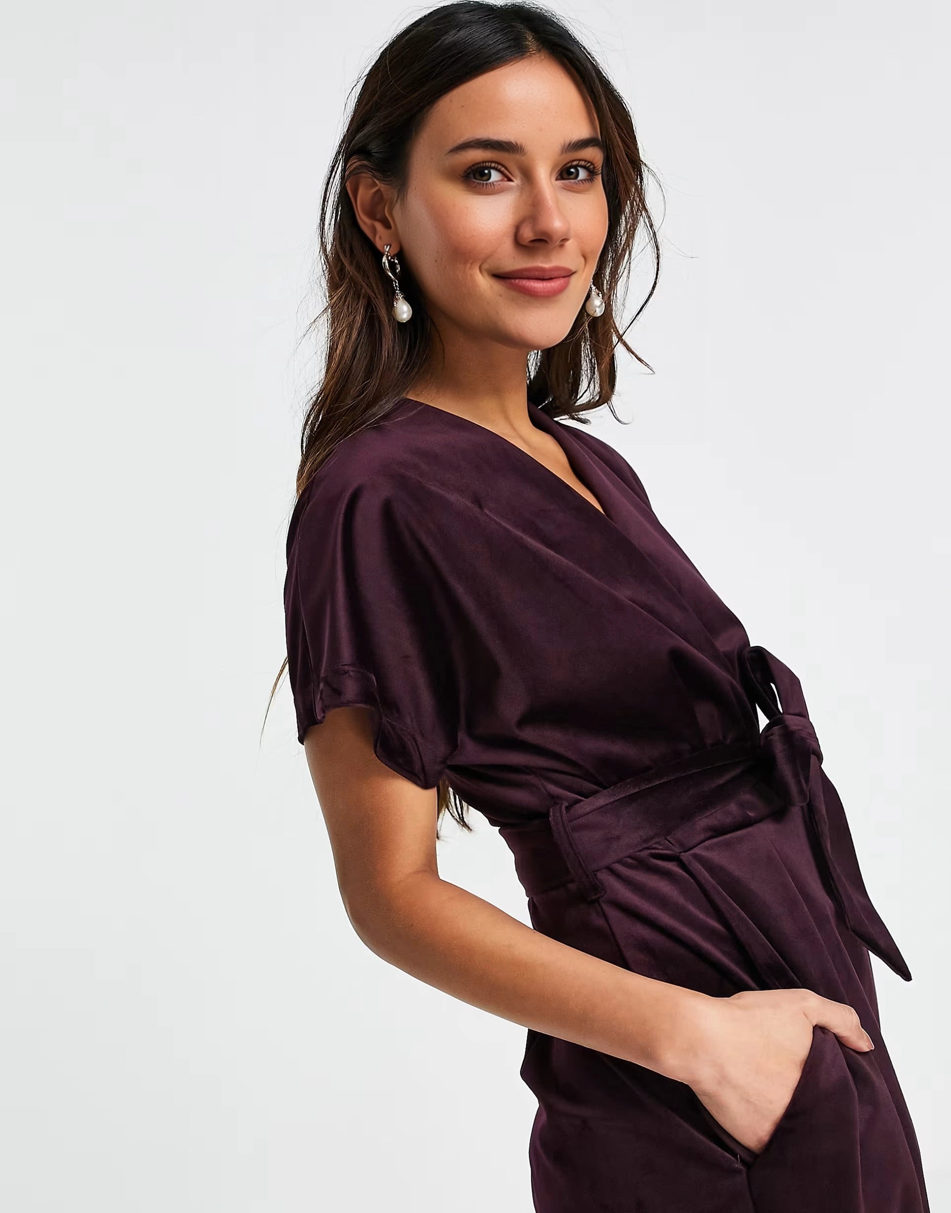 Closet London Womens Kimono Sleeve Velvet Midi Dress With Wrap Tie in Plum