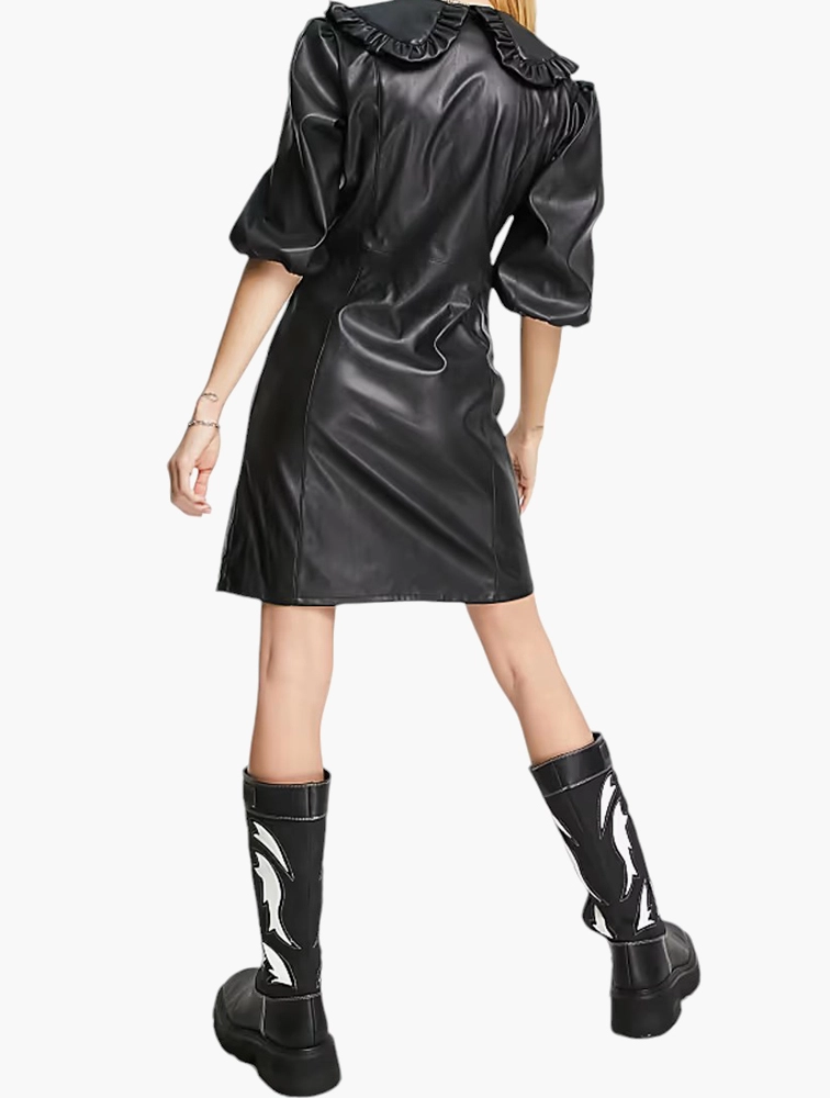 Violet Romance Womens Faux Leather Puff Sleeve Mini Dress With Collars In Black