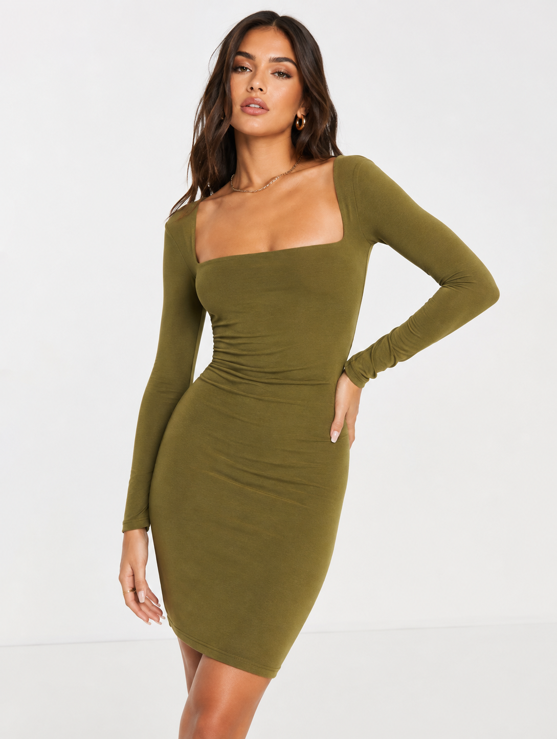 Missyempire Womens Square Neck Long Sleeve Mini Dress in Olive