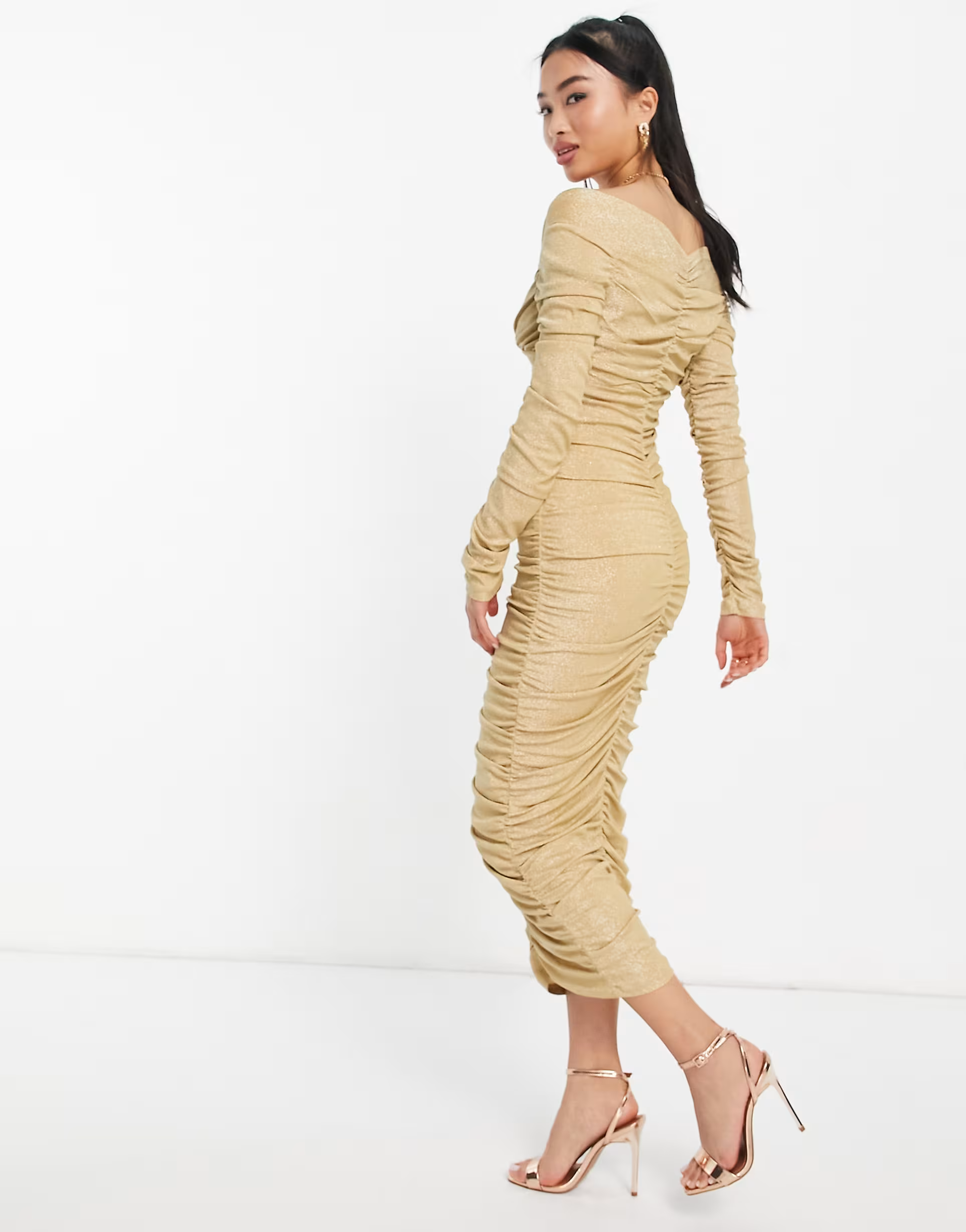 Bardot Womens Off Shoulder Ruched Mini Dress in Metallic Gold Knit