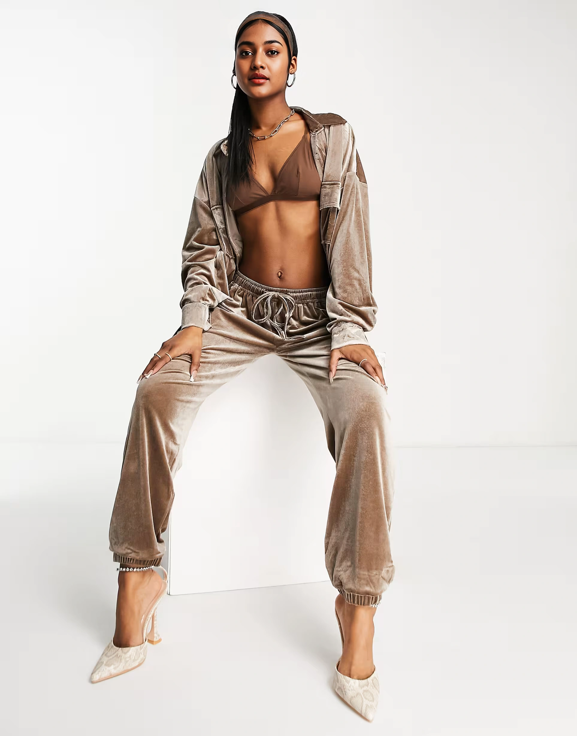 Skylar Rose Womens 3 Piece Velour Oversized Shirt Co-Ord in Chocolate Brown