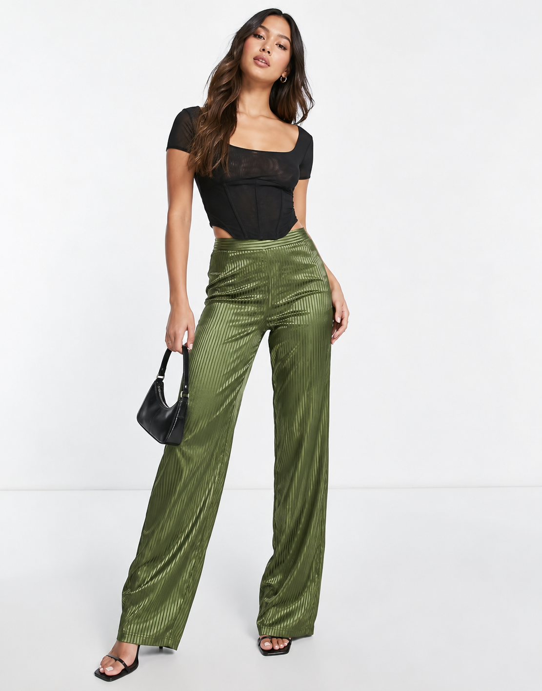 Skylar Rose Womens Satin Wide Leg Trousers in Khaki Stripe