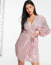 Womens Style Cheat Sequin Wrap Mini Dress In Dusty Pink