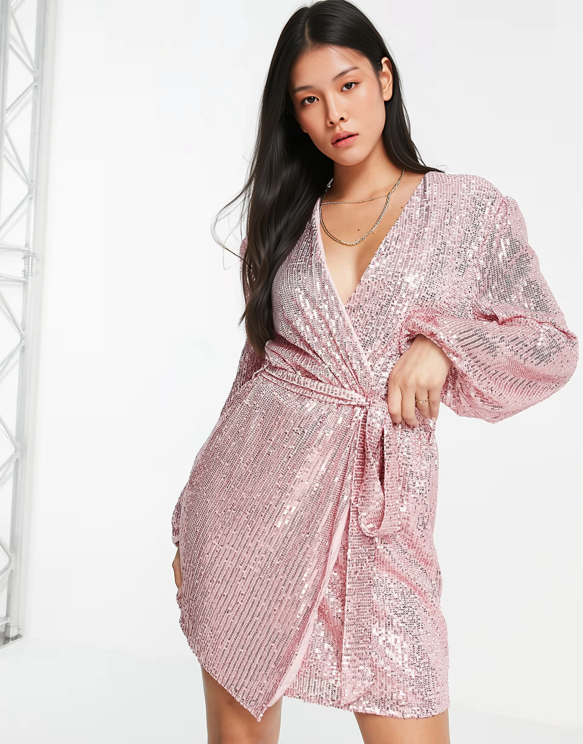 Womens Style Cheat Sequin Wrap Mini Dress In Dusty Pink