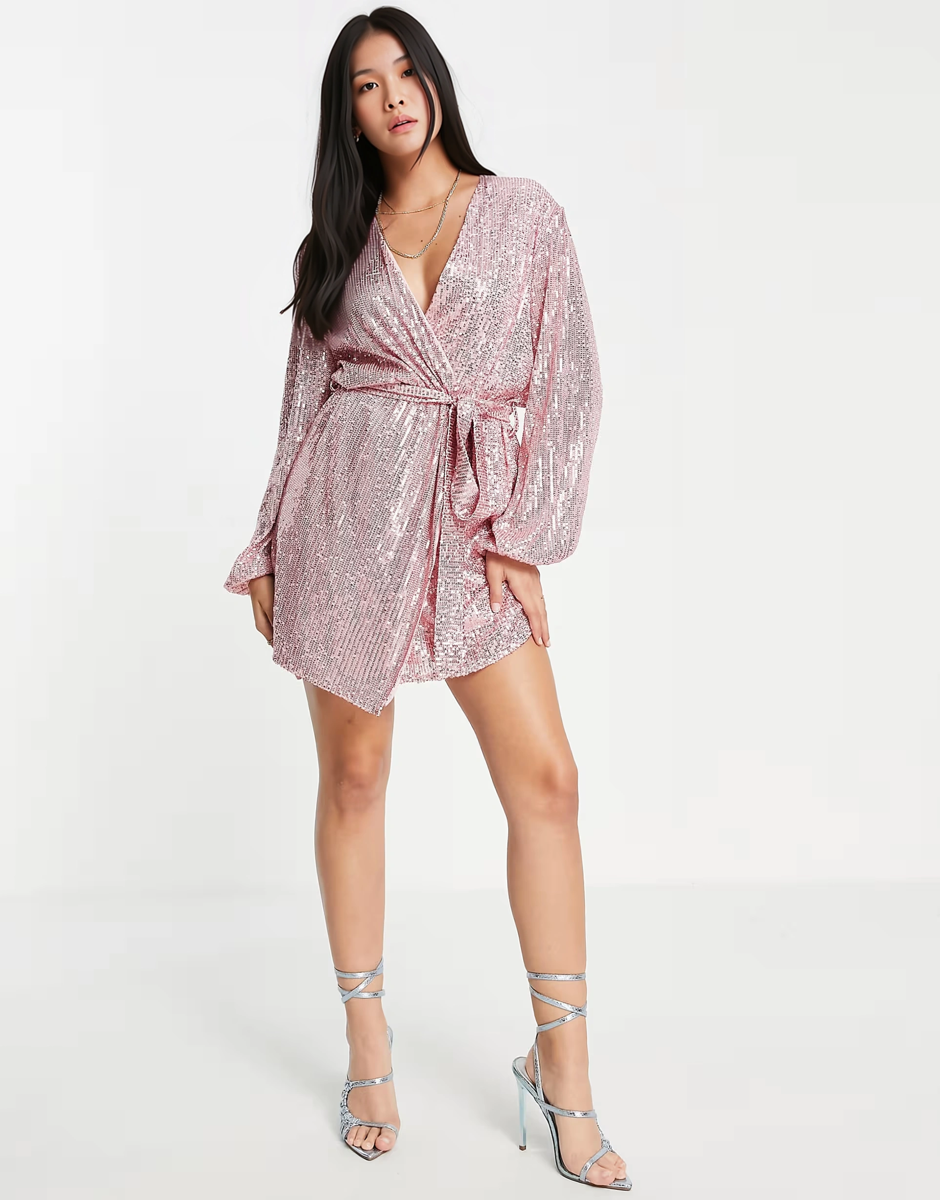 Womens Style Cheat Sequin Wrap Mini Dress In Dusty Pink