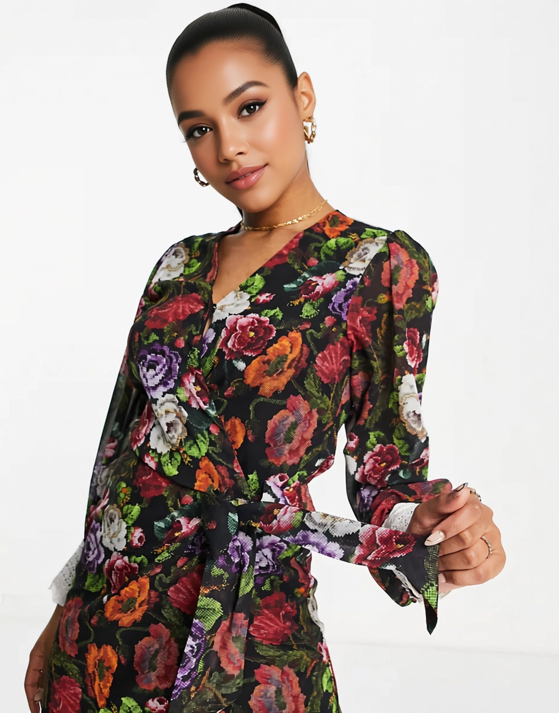 Hope & Ivy Womens Lace Cuff Wrap Tie Mini Dress in Mixed Floral
