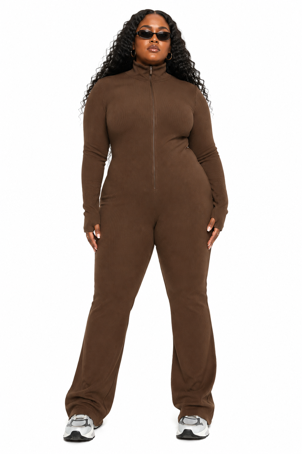 Collusion Womens Rib Flare Zip Through Jumpsuit In Chocolate