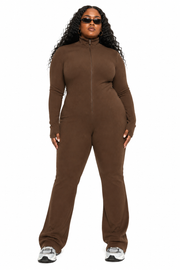 Collusion Womens Rib Flare Zip Through Jumpsuit In Chocolate