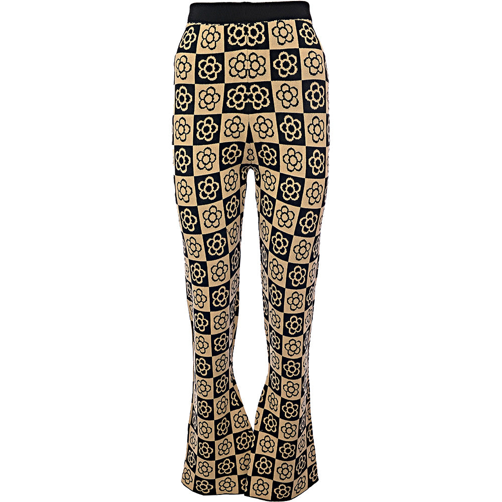 Daisy Street Women's Floral Checkerboard Relaxed Flared Knit Trousers