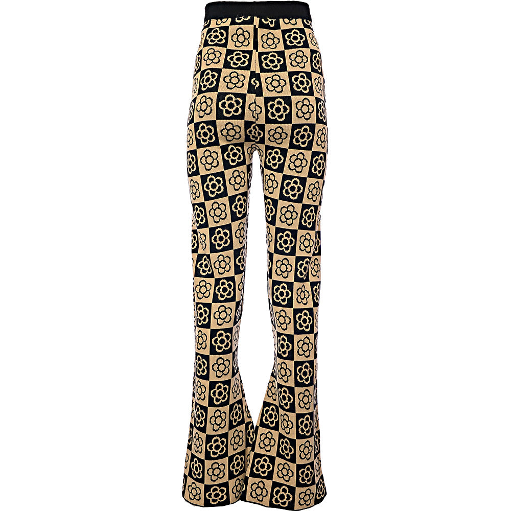 Daisy Street Women's Floral Checkerboard Relaxed Flared Knit Trousers