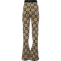 Daisy Street Women's Floral Checkerboard Relaxed Flared Knit Trousers