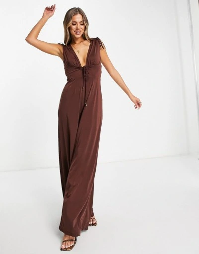 Womens Rare London Super Wide Leg Keyhole Front Jumpsuit In Brown
