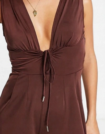 Womens Rare London Super Wide Leg Keyhole Front Jumpsuit In Brown