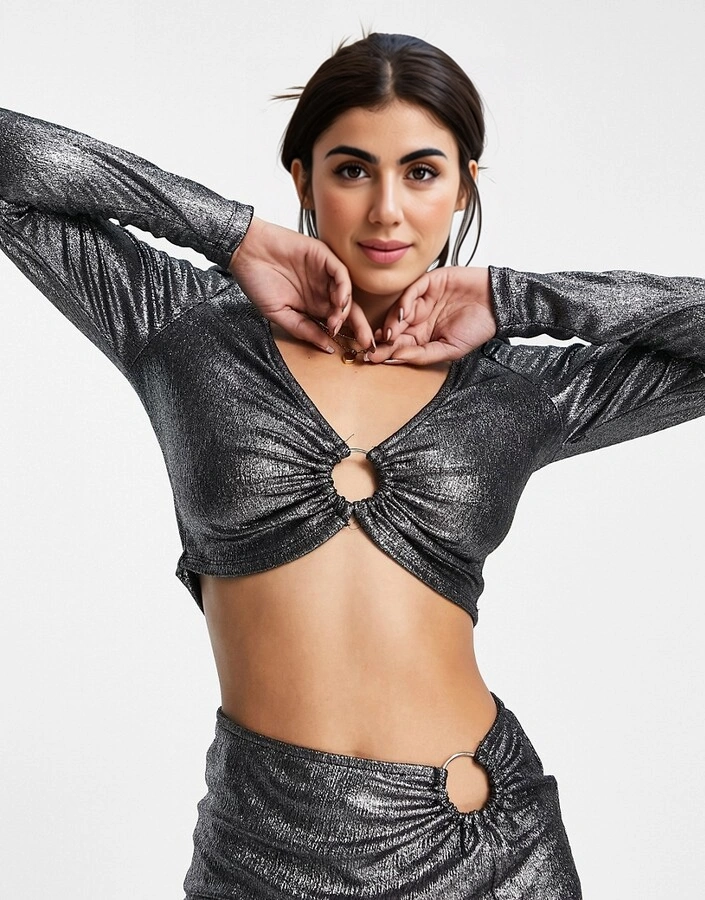 Rebellious Fashion Womens Ring Trim Plunge Neck Top Co Ord in Sliver Glitter Mix in Silver