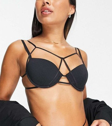 Cosmogonie Womens Padded Plunge Bra With Strapping Detail In Black