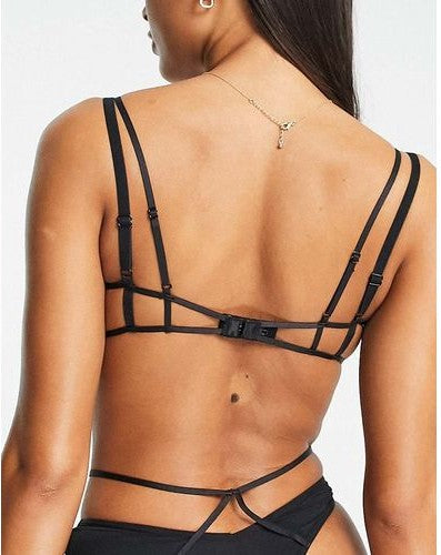 Cosmogonie Womens Padded Plunge Bra With Strapping Detail In Black