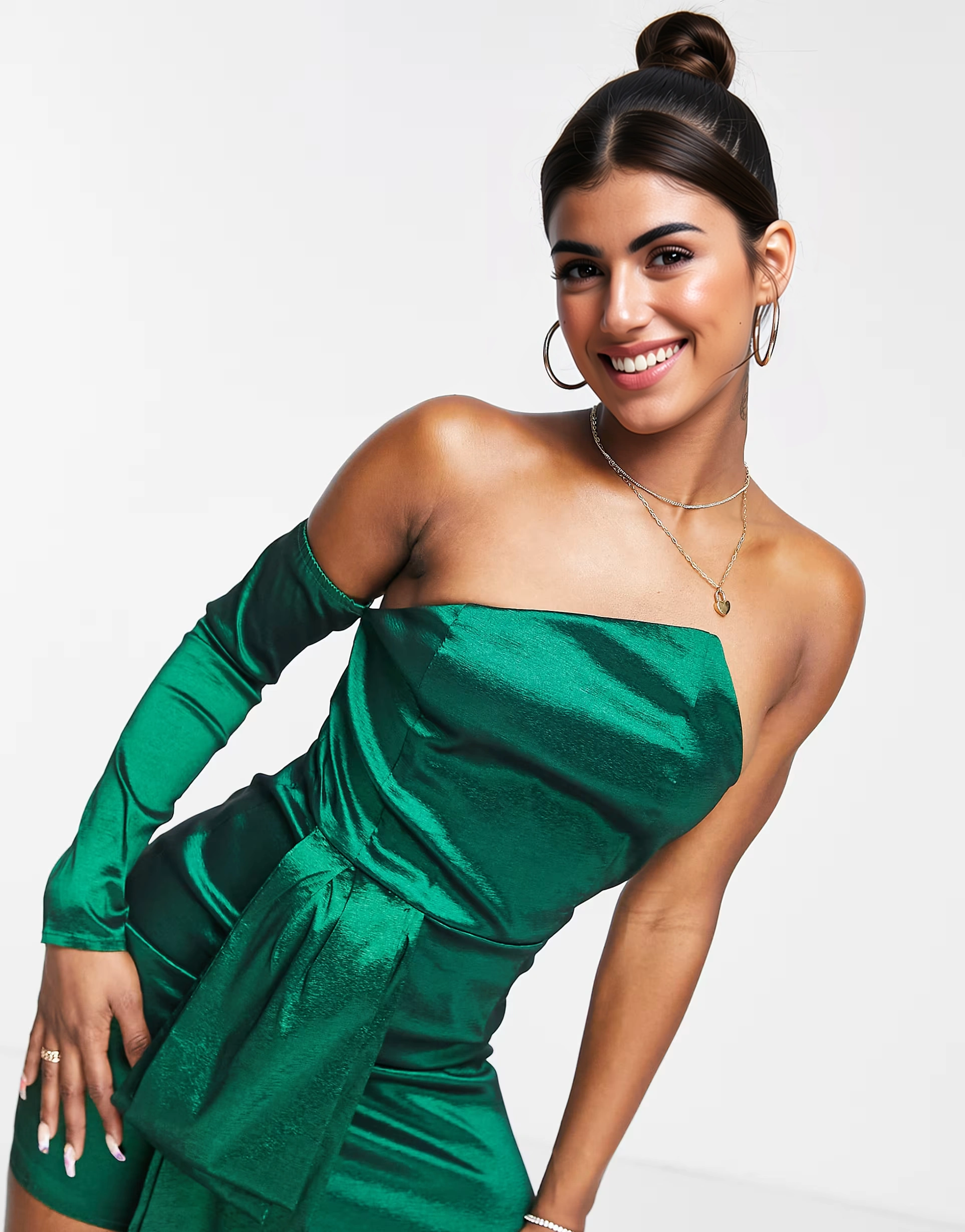 Collective The Label Womens Collective The Label One Shoulder Bow Mini Dress in Emerald Green