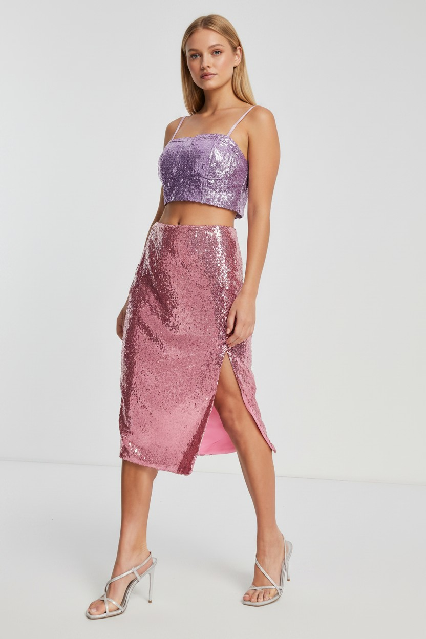 Collective The Label Petite Womens Sequin Split Midi Skirt in Pink