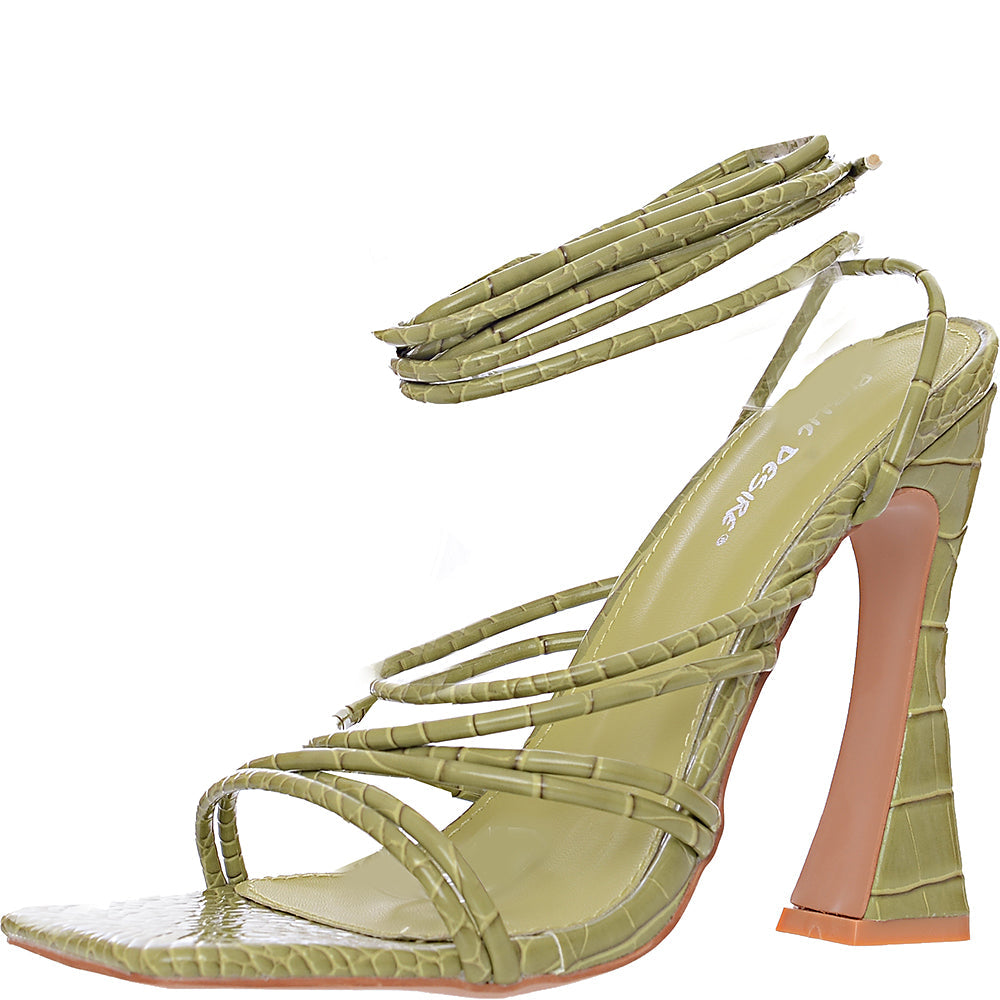 Public Desire Women&#39;s Green Croc Corbyn Tie-Up Heel Sandals