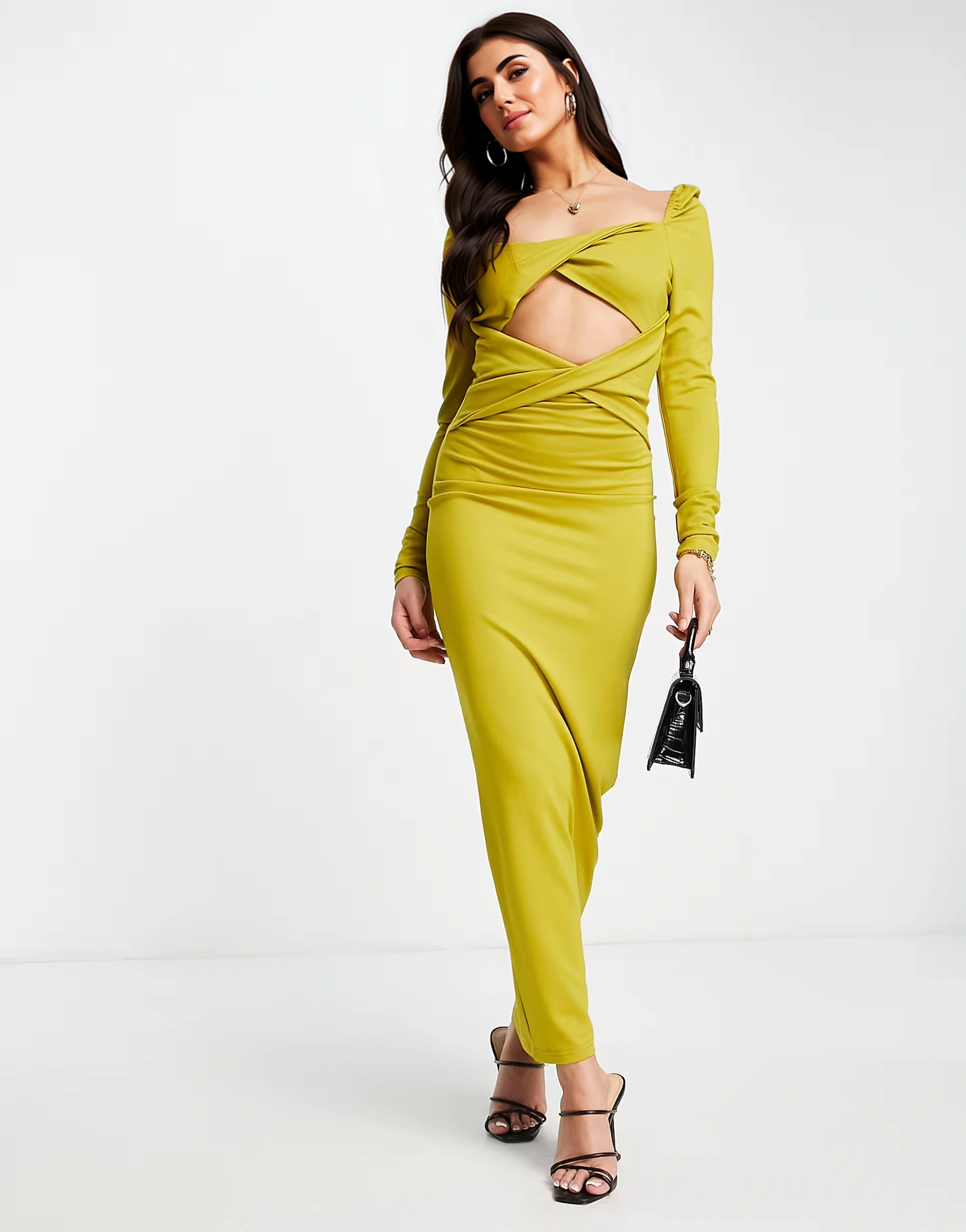 Yaura Womens Cut Out Twist Front Bodycon Midaxi Dress in Ochre