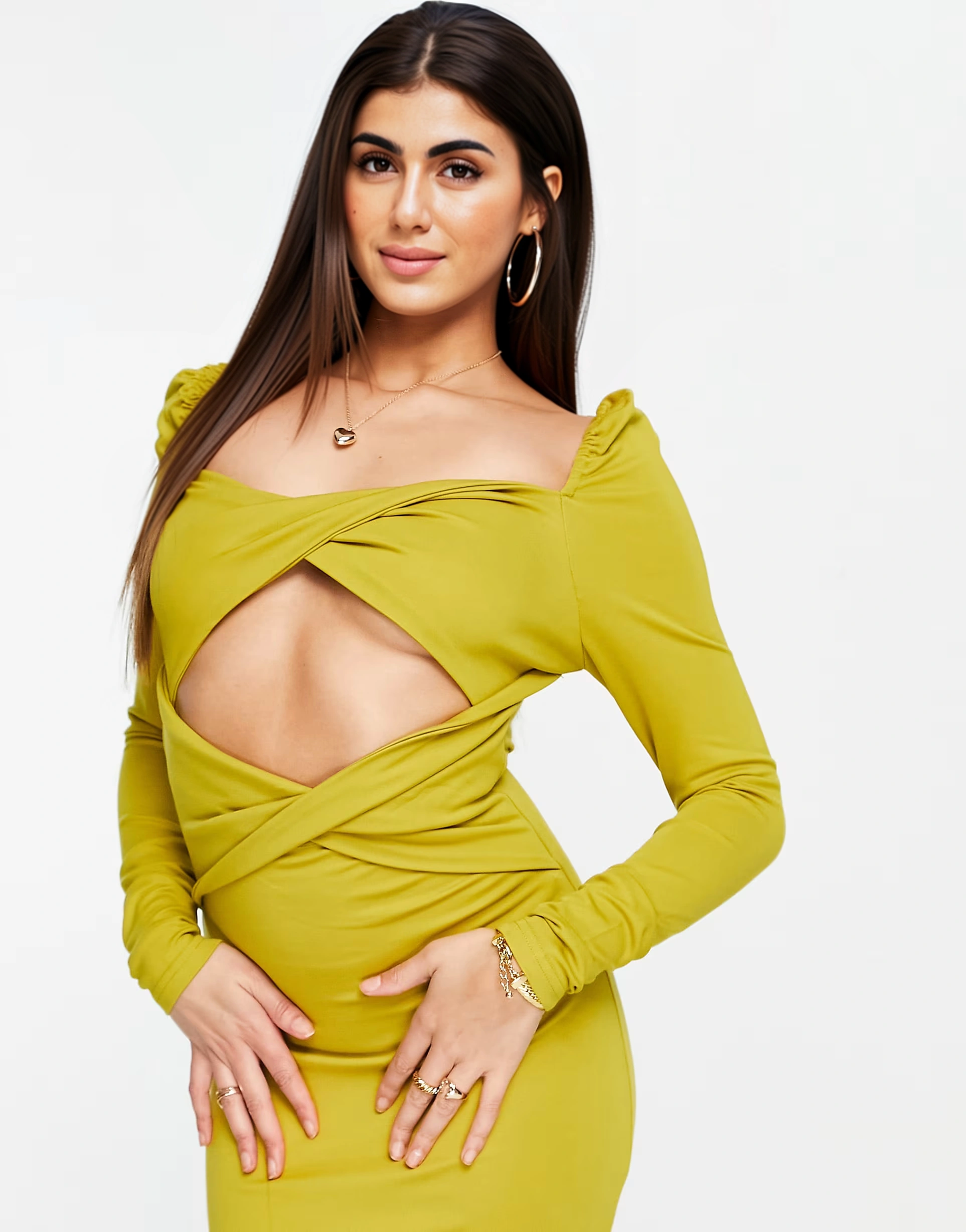 Yaura Womens Cut Out Twist Front Bodycon Midaxi Dress in Ochre