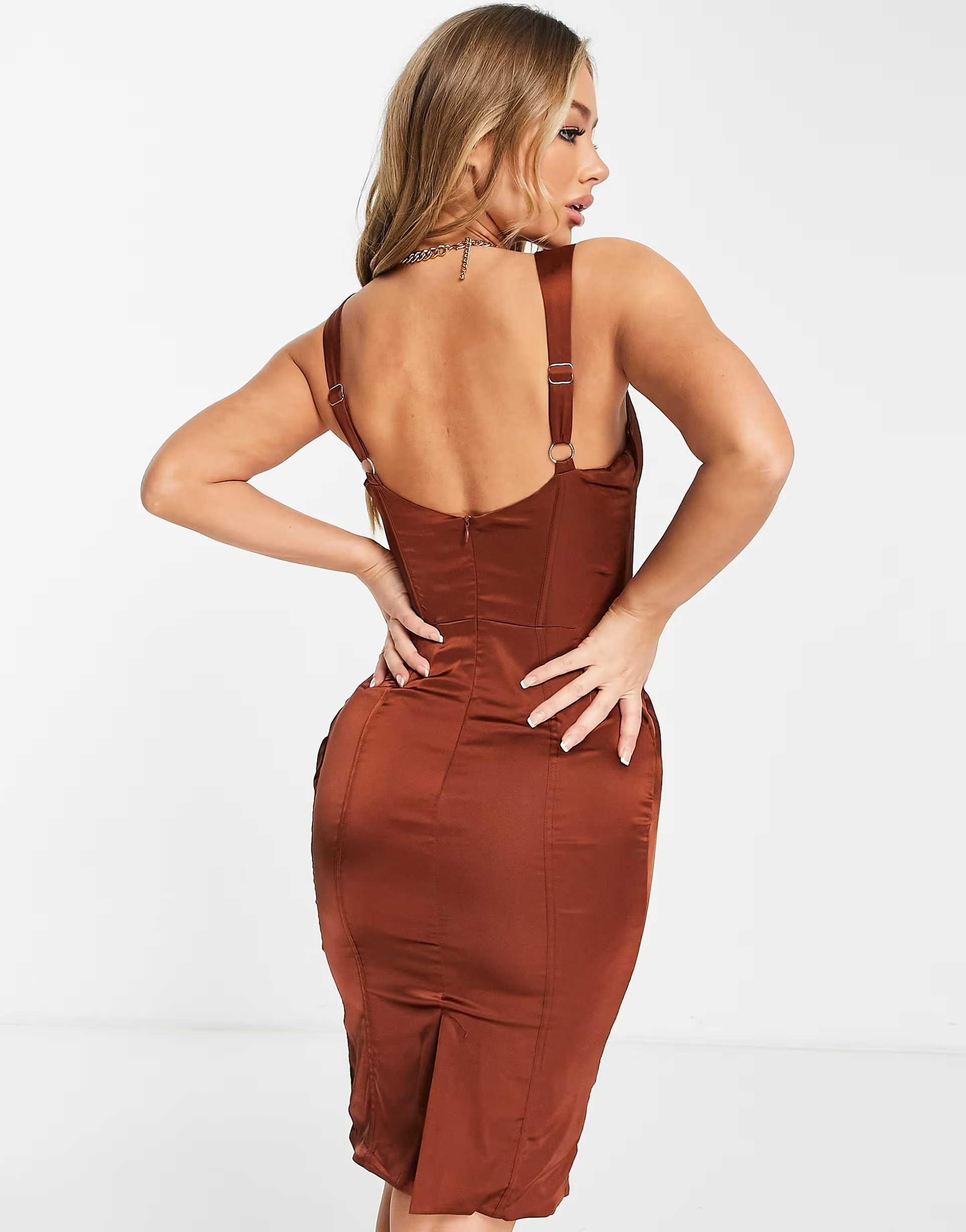 Femme Luxe Womens Ruched Corset Midi Dress In Chocolate