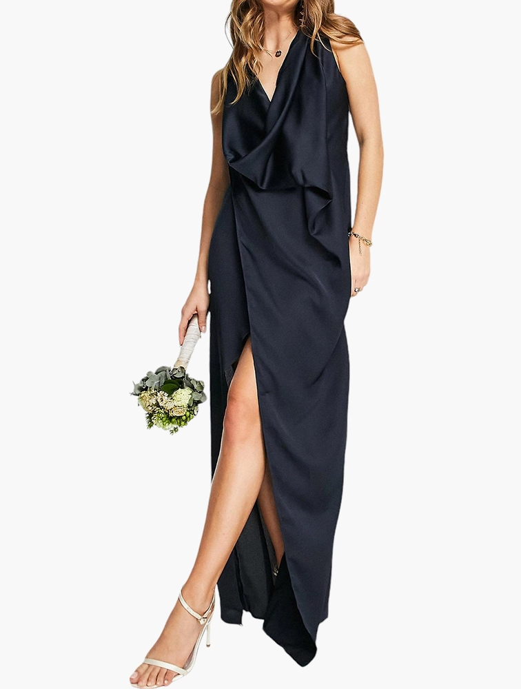 TFNC Womens Bridesmaid Satin Wrap Maxi Dress In Navy