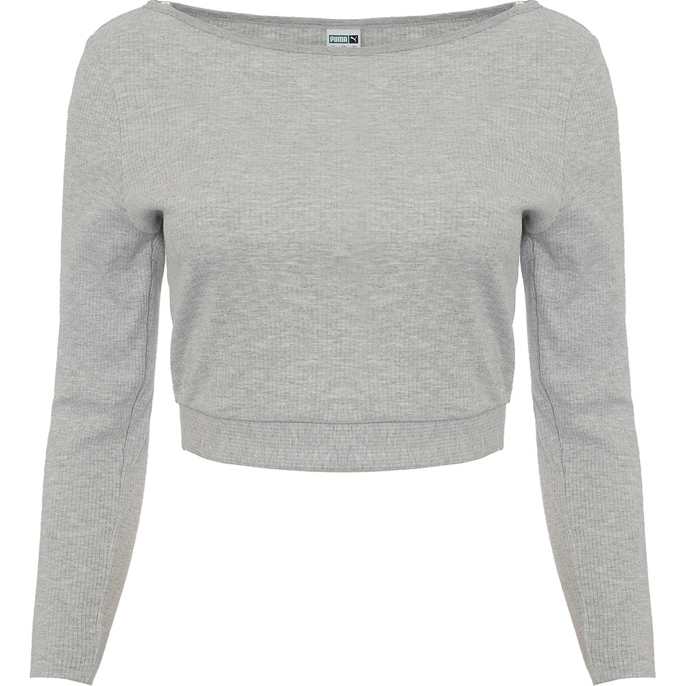 Puma Women's Grey Classics Long Sleeve Ribbed Crop Top