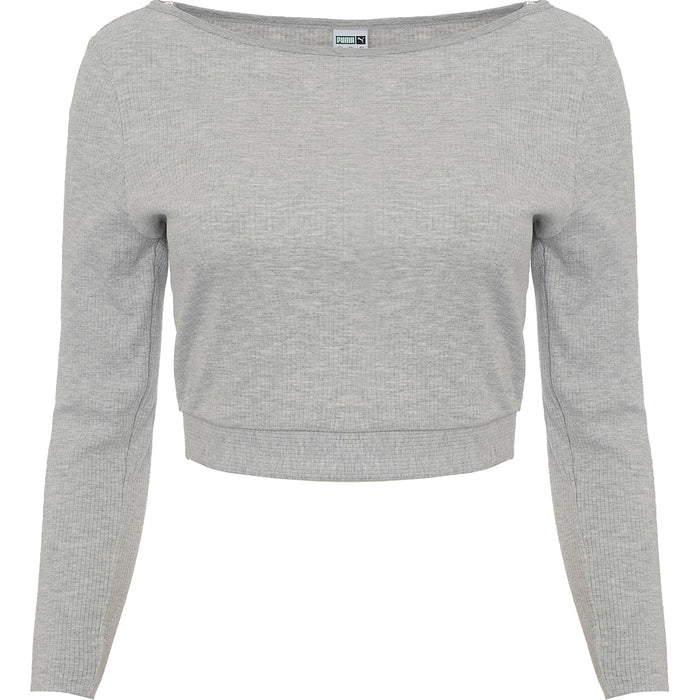 Puma Women's Grey Classics Long Sleeve Ribbed Crop Top