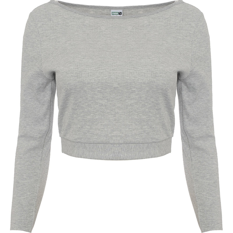 Puma Women's Grey Classics Long Sleeve Ribbed Crop Top