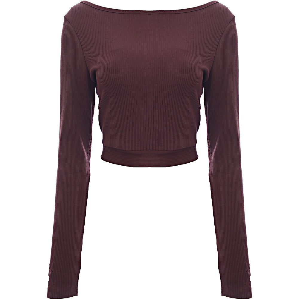 Puma Women&#39;s Burgundy Classics Long Sleeve Ribbed Crop Top