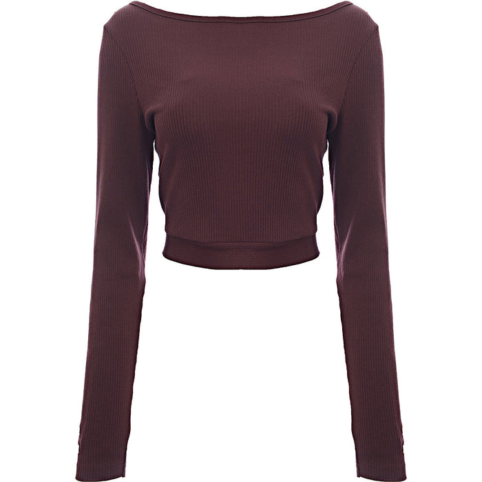 Puma Women's Burgundy Classics Long Sleeve Ribbed Crop Top