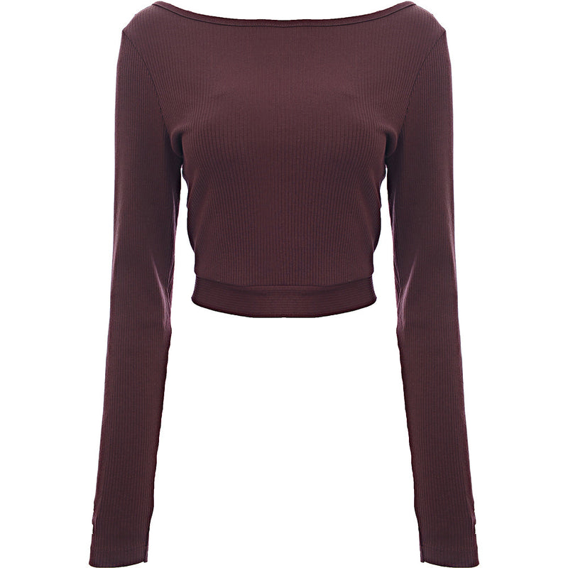 Puma Women's Burgundy Classics Long Sleeve Ribbed Crop Top