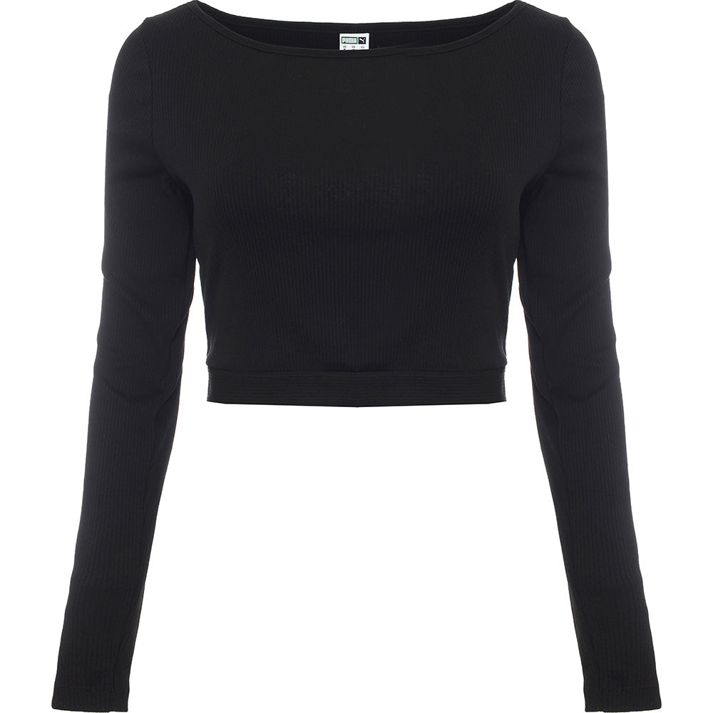 Puma Women's Black Classics Long Sleeve Ribbed Crop Top