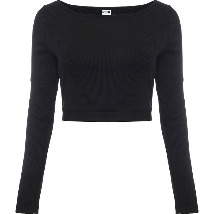 Puma Women's Black Classics Long Sleeve Ribbed Crop Top