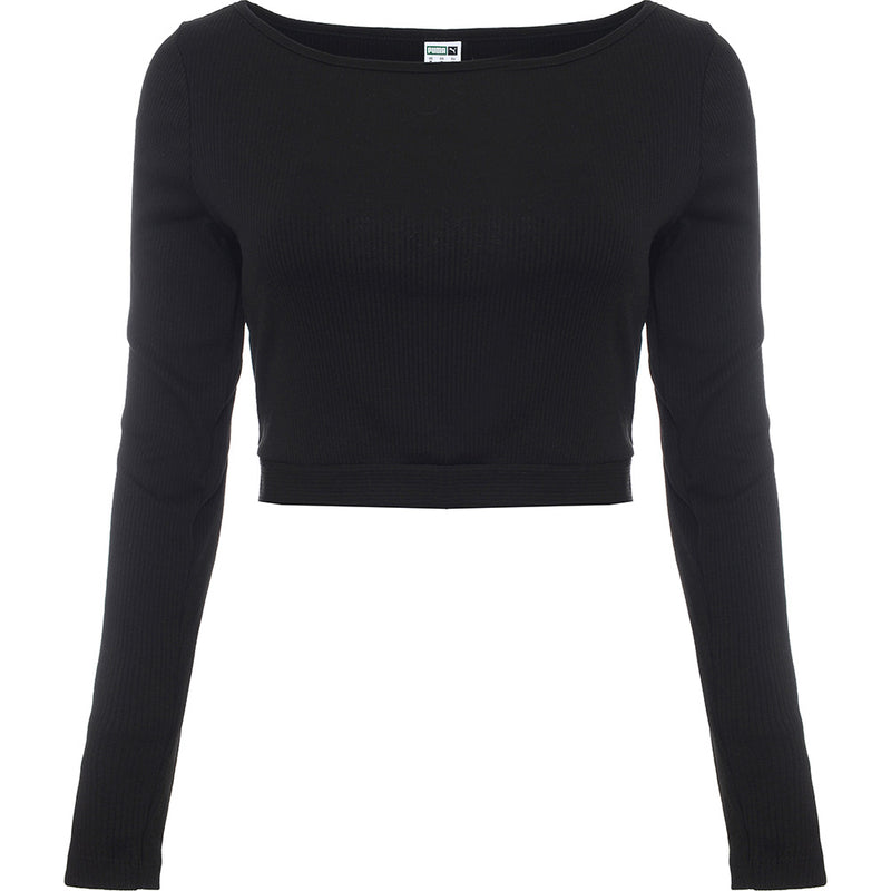 Puma Women's Black Classics Long Sleeve Ribbed Crop Top