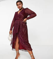 Forever New Womens Curve Drape Front Metallic Dress In Purple
