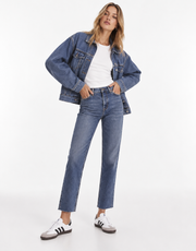 Topshop Womens Straight Jeans With Raw Hem in Mid Blue