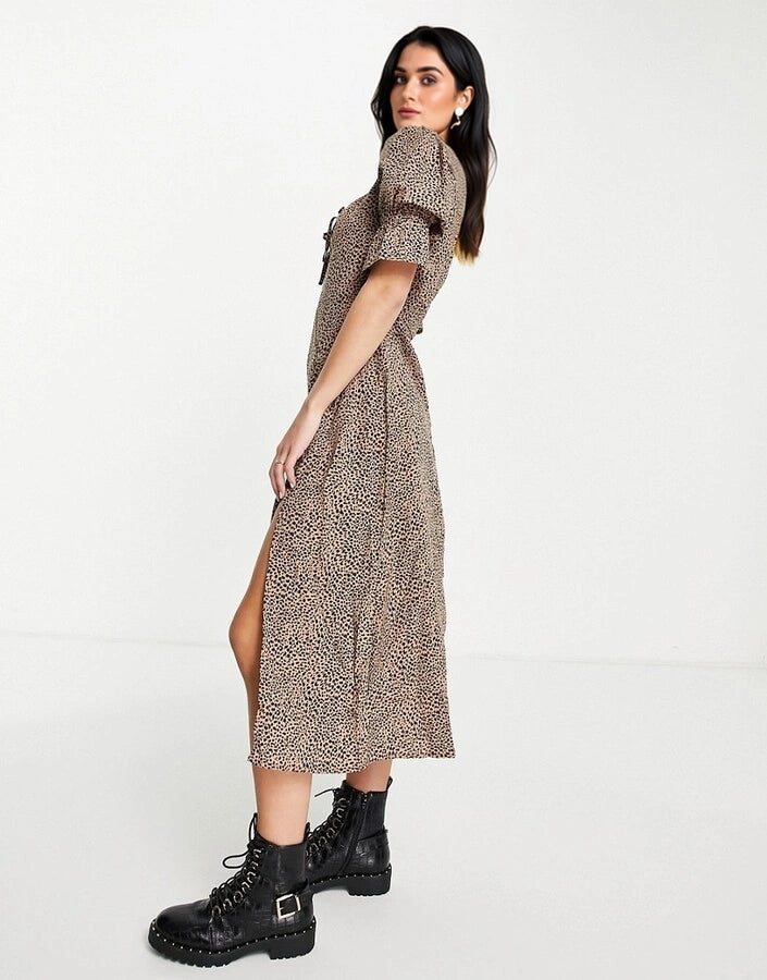 In The Style Womens X Olivia Bowen Milkmaid Maxi Dress in Brown Leopard Print In Multi