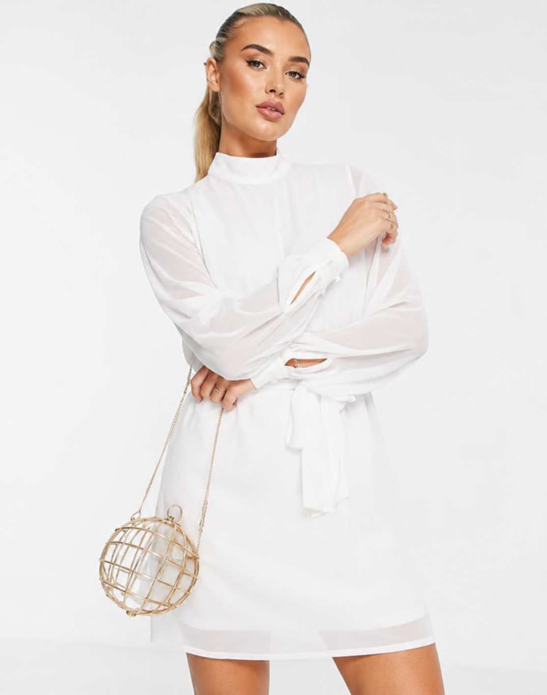 Pretty Lavish Womens Sequin Balloon Sleeve Mini Dress In White