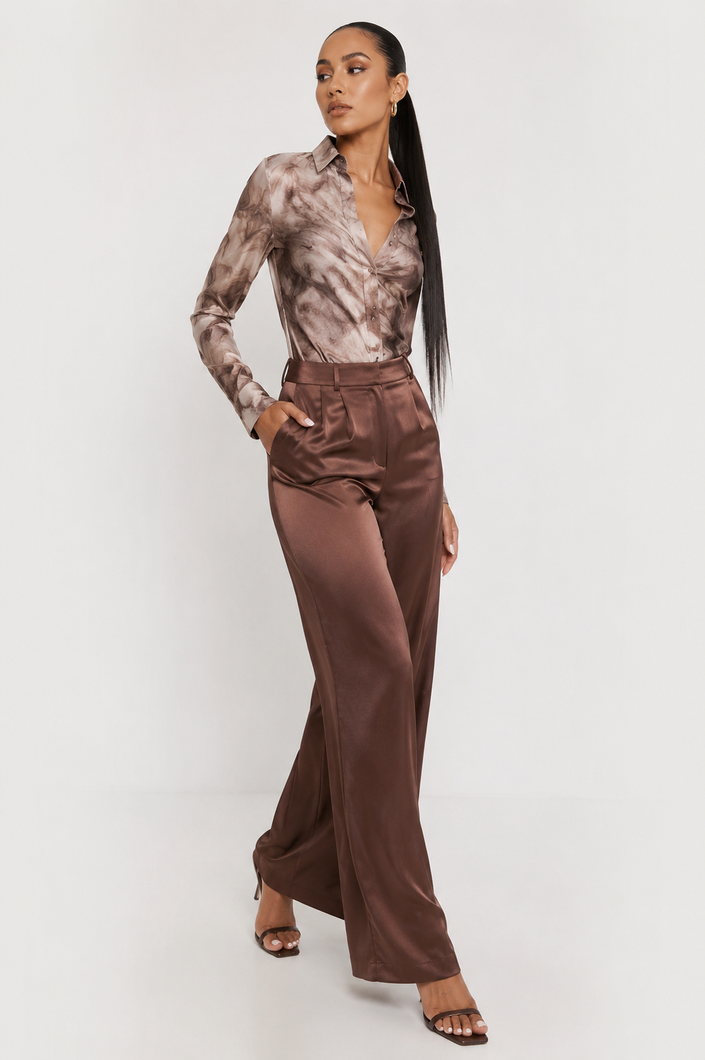 Pretty Lavish Womens Satin Trouser in Chocolate Brown