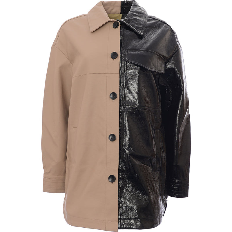 Pimkie Womens Splice Faux Leather Overshirt in Beige and Vinyl Black