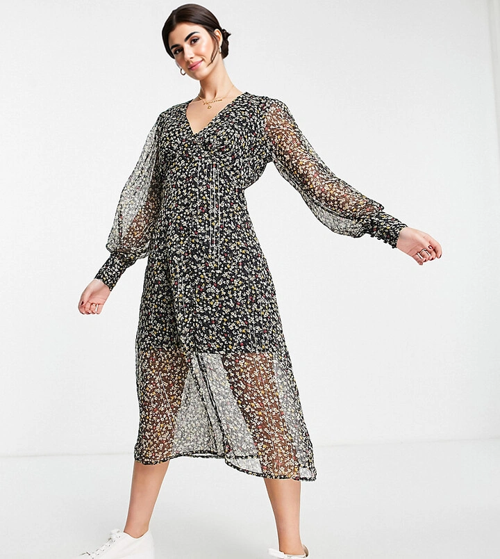 Womens Wednesday'S Girl V-Neck Midi Tea Dress in Dark Ditsy Floral