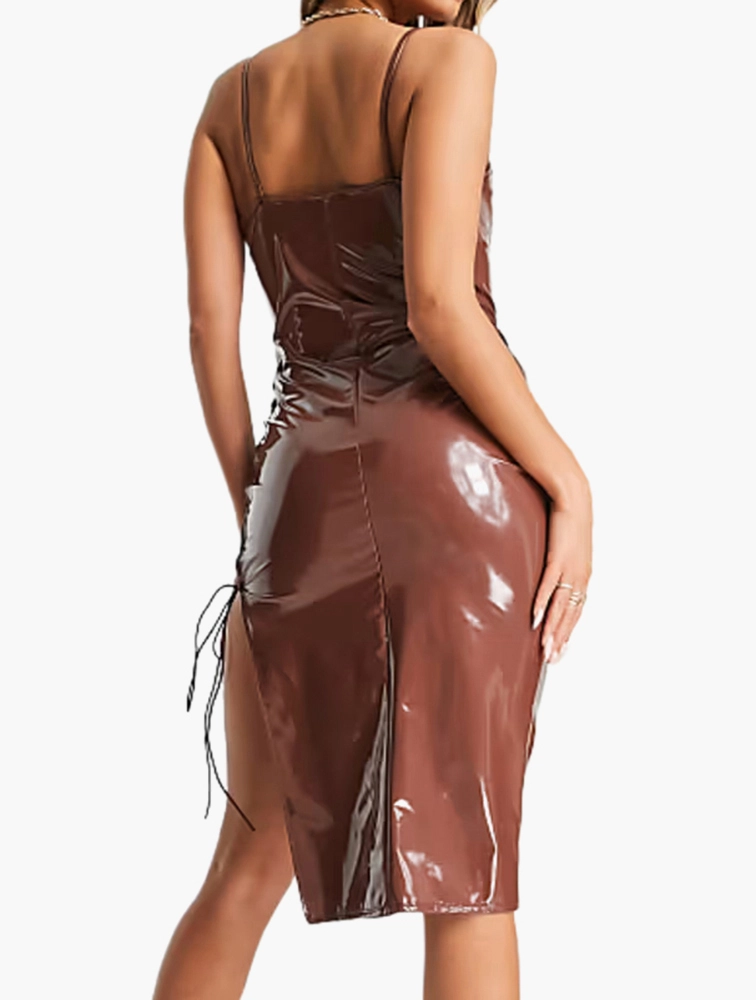 First Distraction Womens The Label Vinyl Bodyon Dress in Chocolate Brown