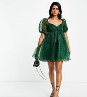 Womens Lace & Beads Babydoll Mini Dress In Emerald Green Polka Dot